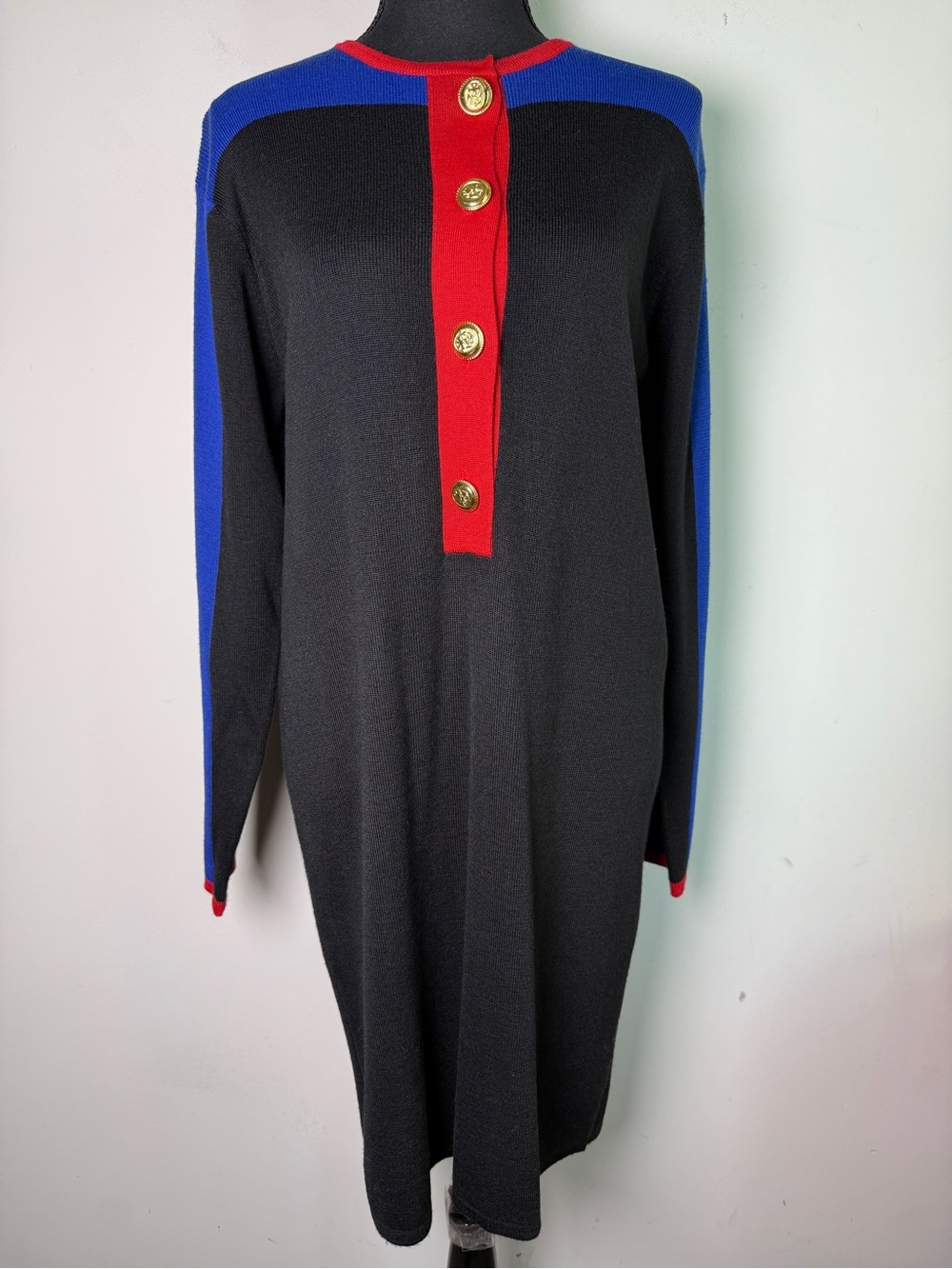 Vintage Wool Colorblock Knit Sweater Dress Red Blue Black Nautical Buttons Sz M